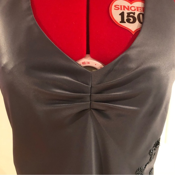 90s Gray Satin V-neck Gown With Floral Sequined Beading - Picture 5 of 11